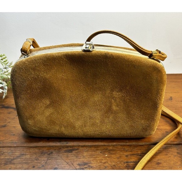 Vintage Tan Suede Handbag Purse Hard Sided Clasp Close Made In Italy READ - Picture 1 of 14